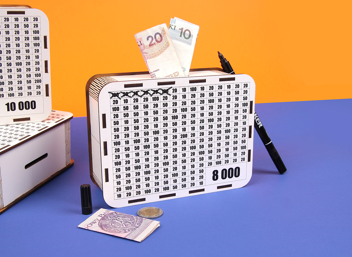 Skarbonka wykreślanka oszczędzanie cel 10 000 + MARKER